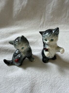 Goebel Gray and White Ceramic Cat Figurines with Ladybugs